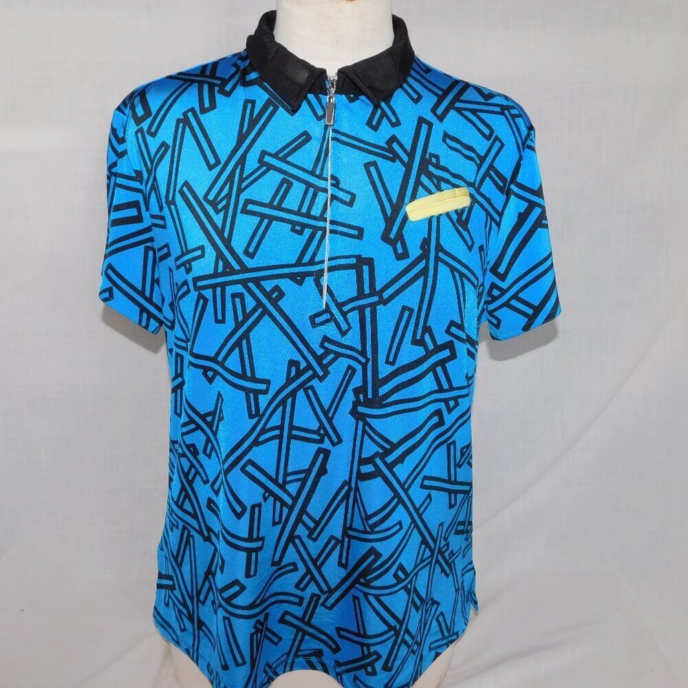 Jamie Sadock Blue Black Abstract 1/4 Zip short sleeve Golf Polo Shirt Womens L